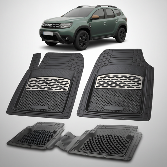 Set of black car floor mats with a car in the background