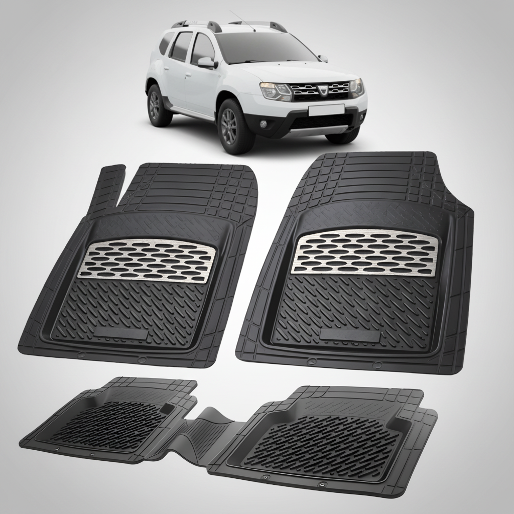Set of black car floor mats with a white SUV in the background