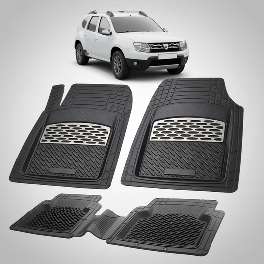 Set of black car floor mats with a white SUV in the background