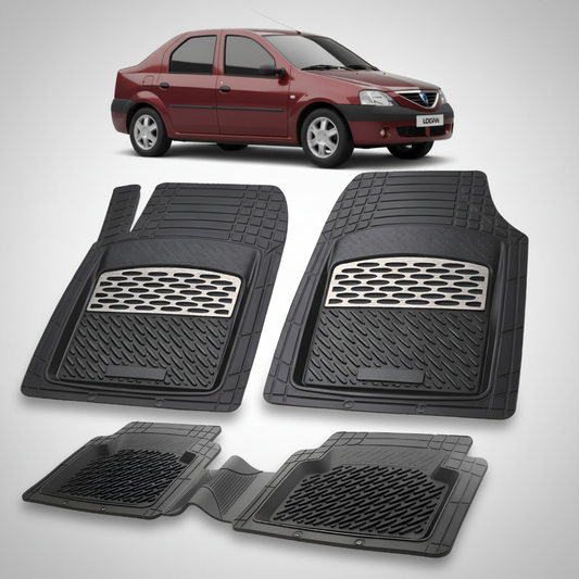 Set of black car floor mats with a car in the background