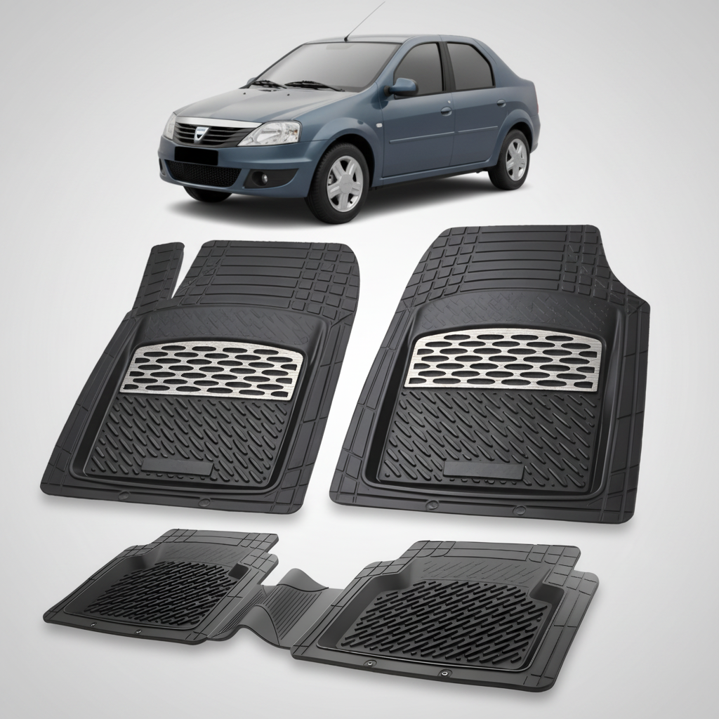 Set of black car floor mats with a car in the background