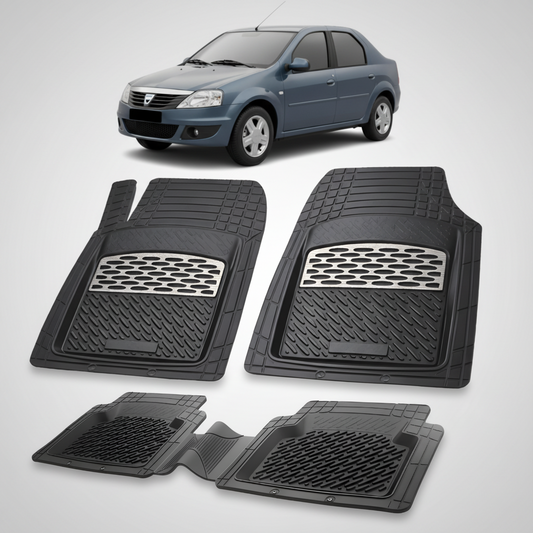 Set of black car floor mats with a car in the background