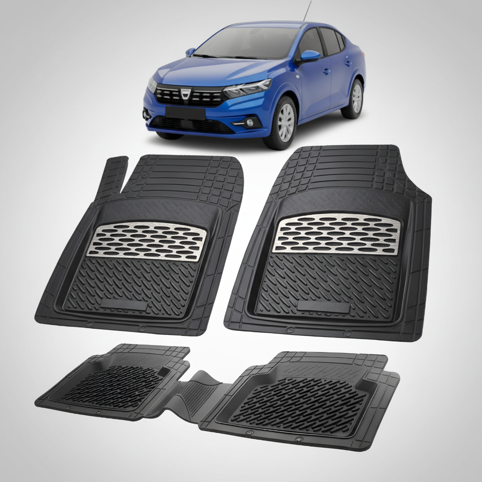 Set of black car floor mats with a blue car in the background