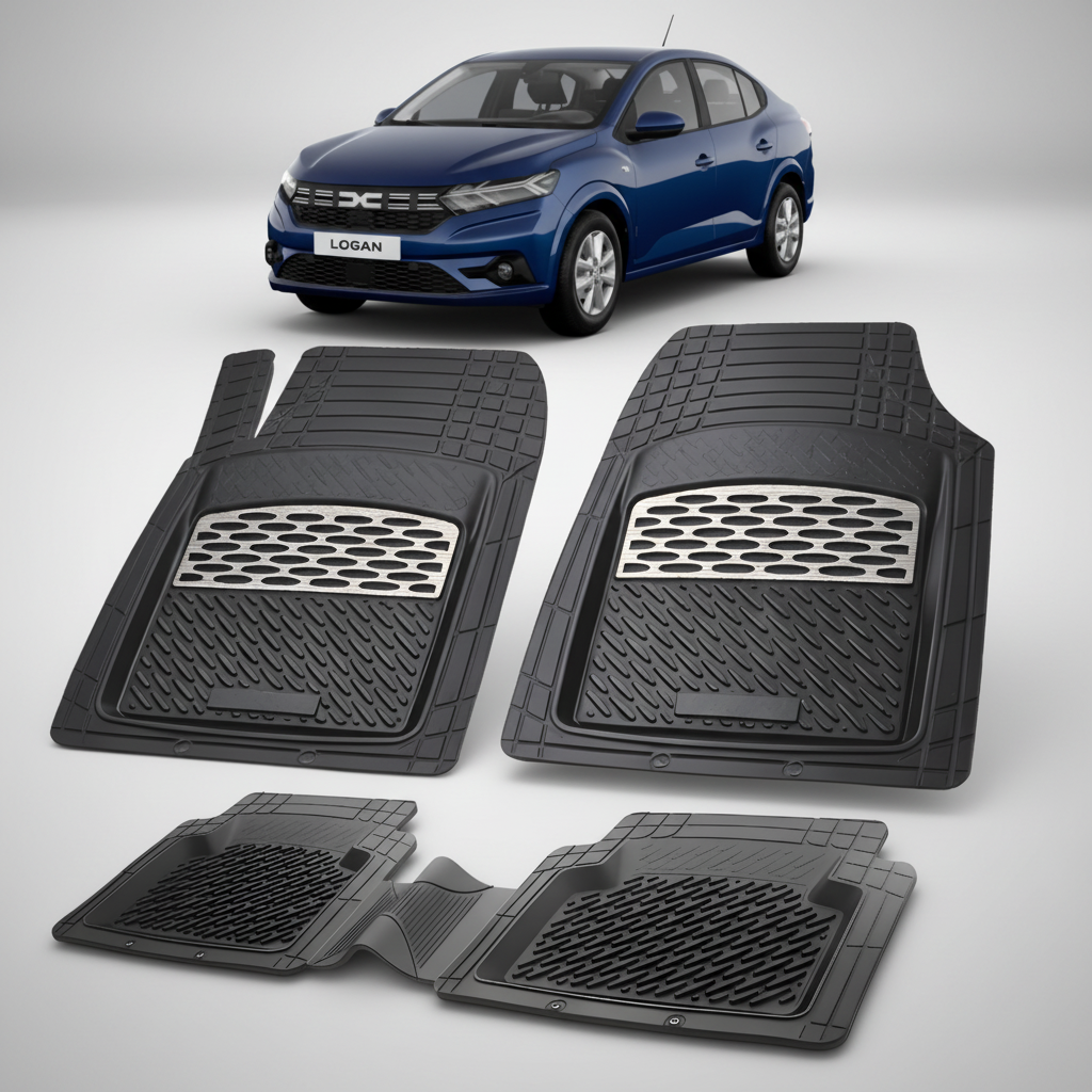 Set of black car floor mats with a blue car in the background