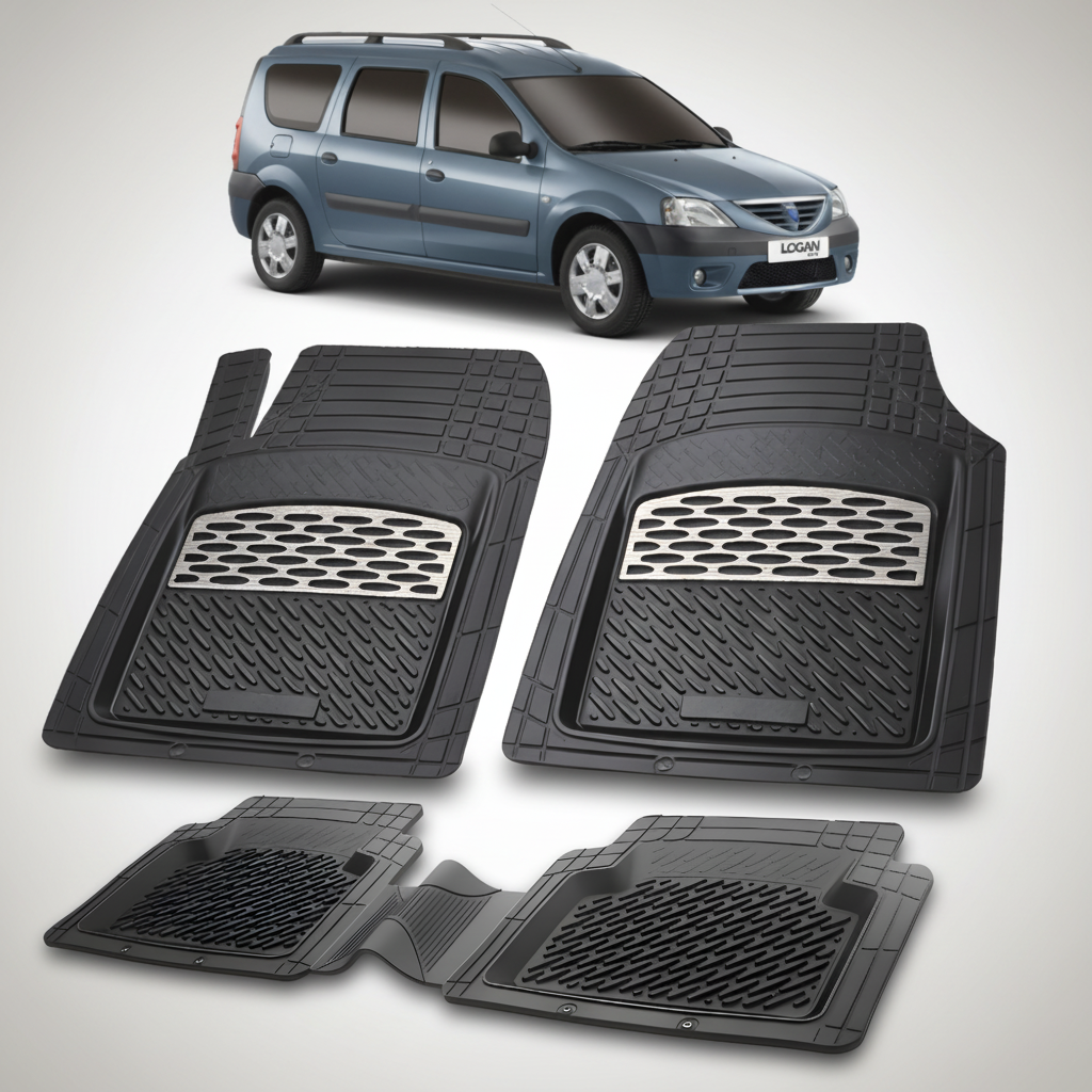 Set of black car floor mats with a car in the background