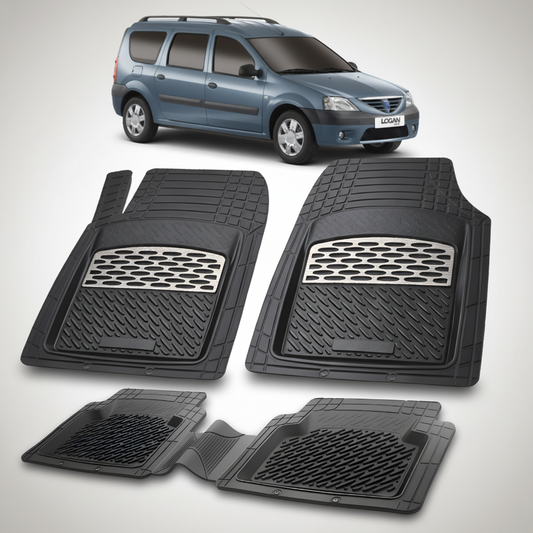 Set of black car floor mats with a car in the background