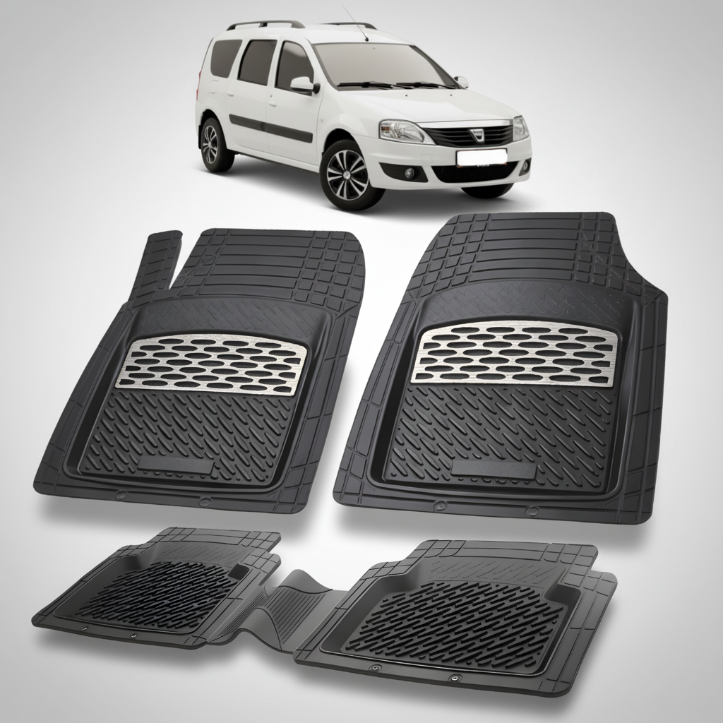 Set of black car floor mats with a white van in the background