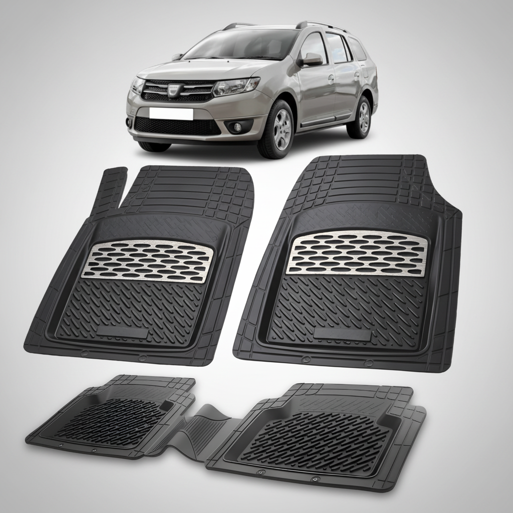 Set of black car floor mats with a car in the background