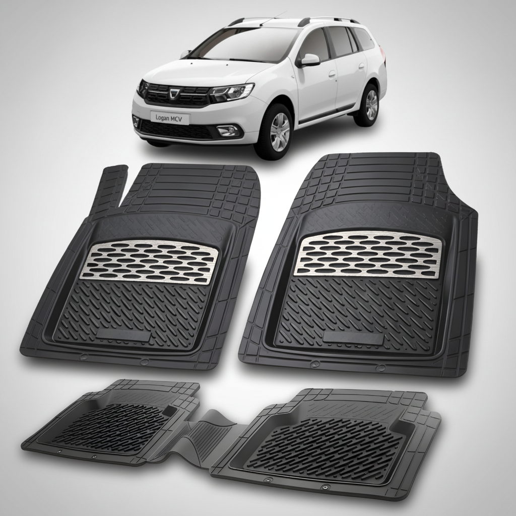Set of black car floor mats with a car in the background
