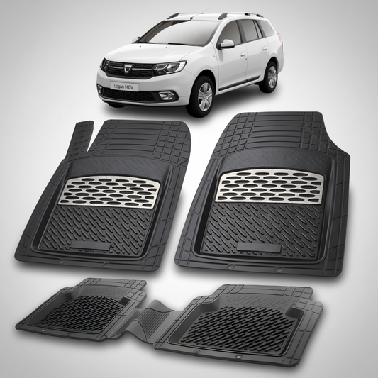 Set of black car floor mats with a car in the background