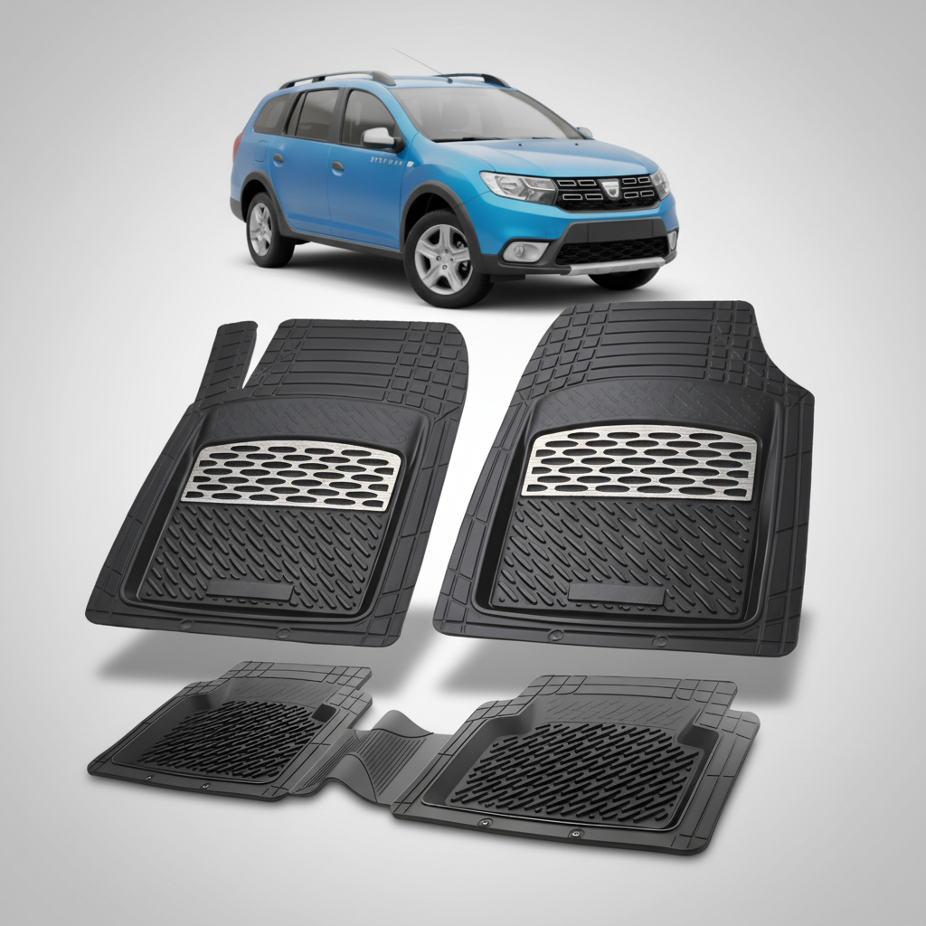 Set of black car floor mats with a blue car in the background