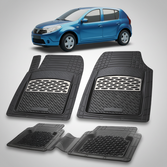 Set of black car floor mats with a blue car in the background