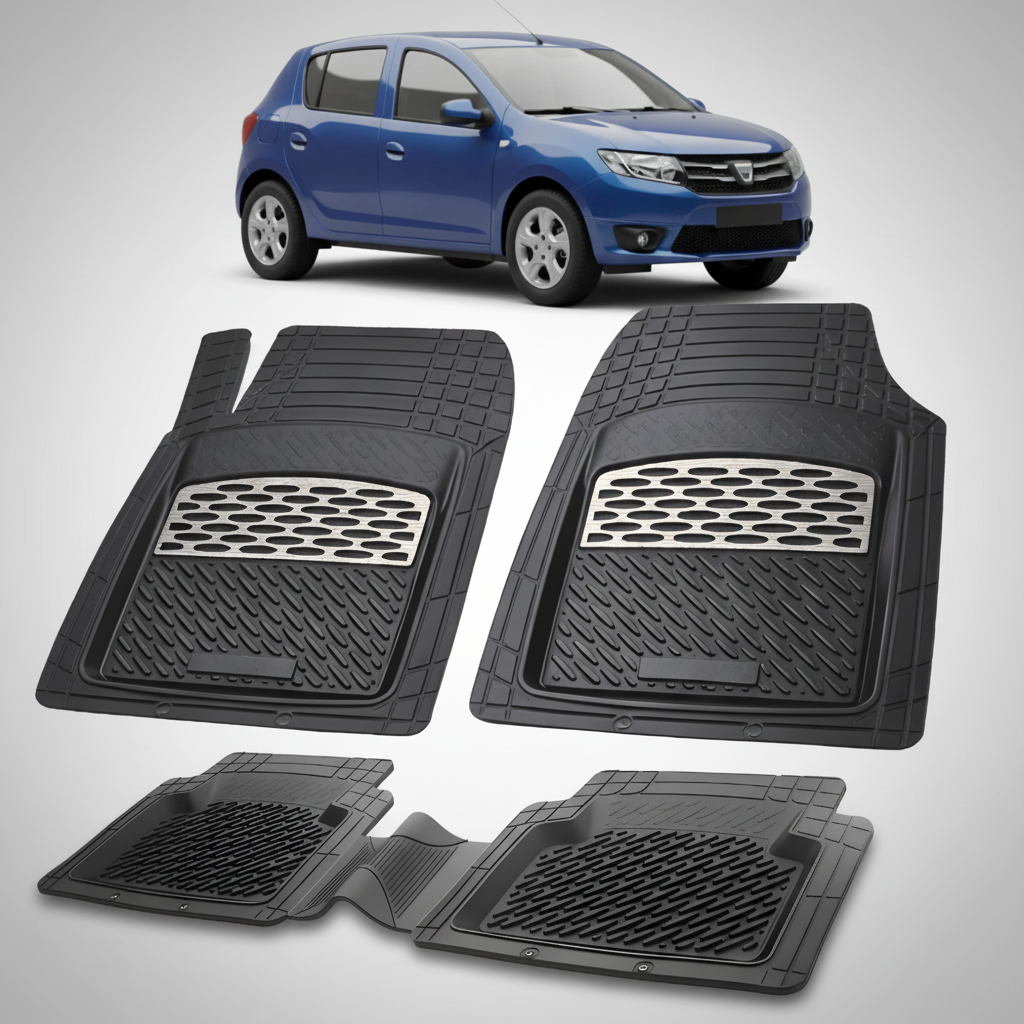 Set of black car floor mats with a blue car in the background