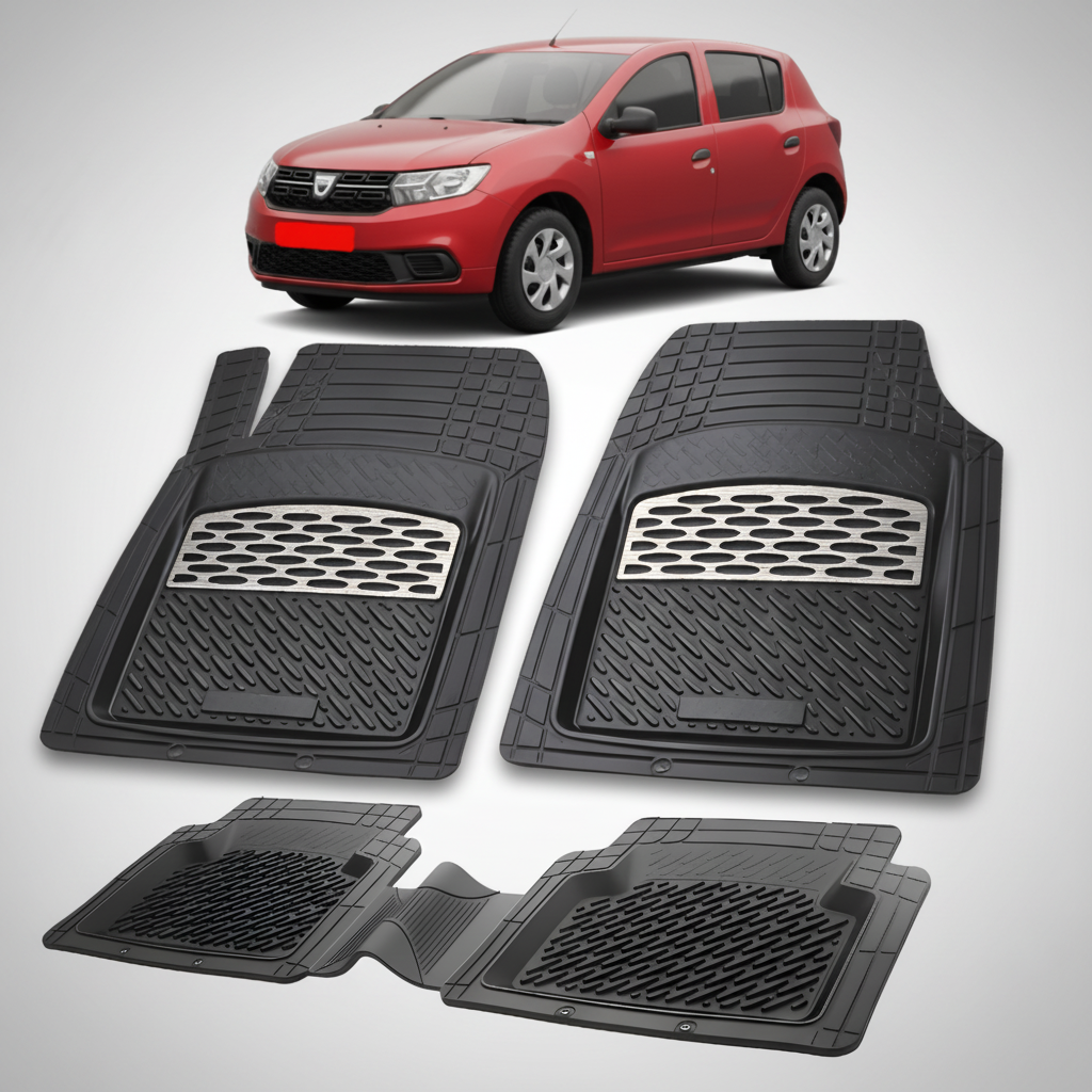 Set of black car mats with a red car in the background