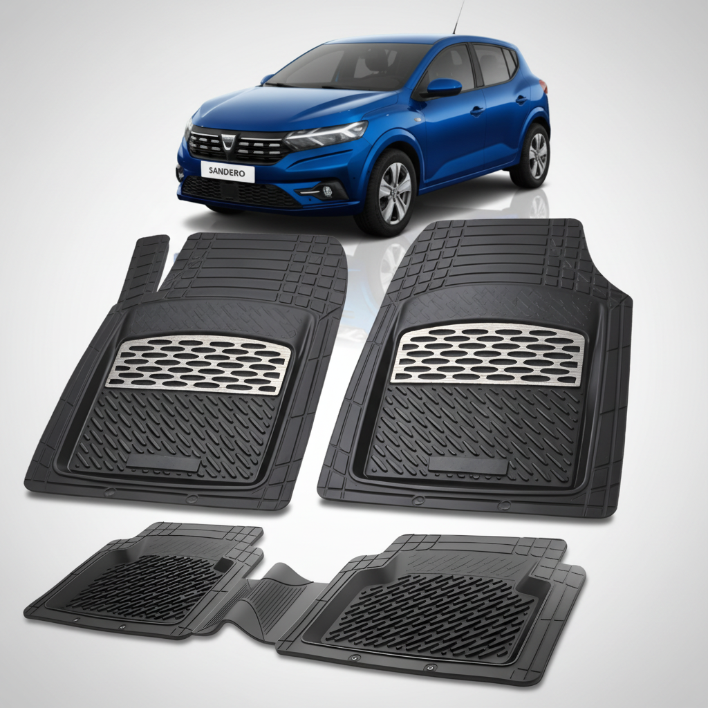 Set of black car floor mats with a blue car in the background