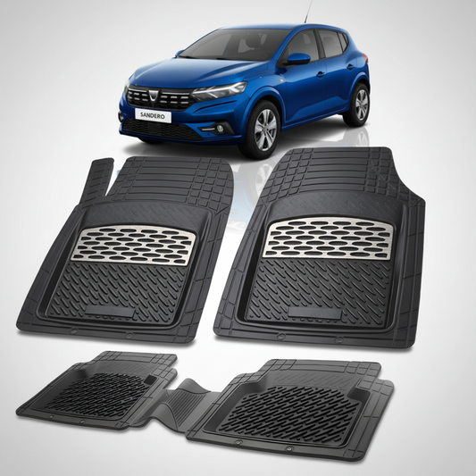 Set of black car floor mats with a blue car in the background