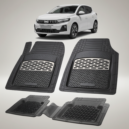 Set of black car floor mats with a white car in the background