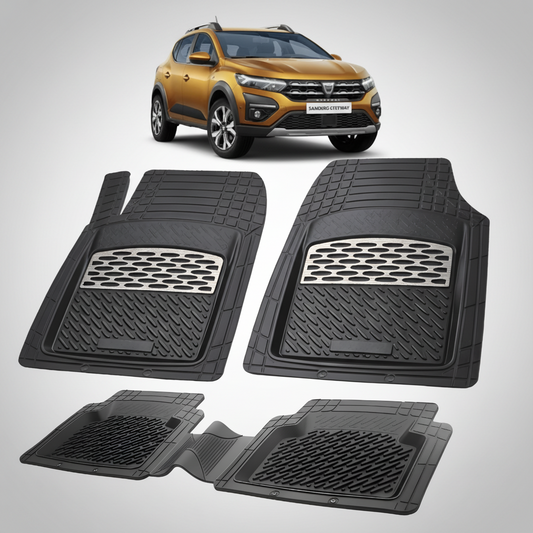 Set of black car mats with a car in the background