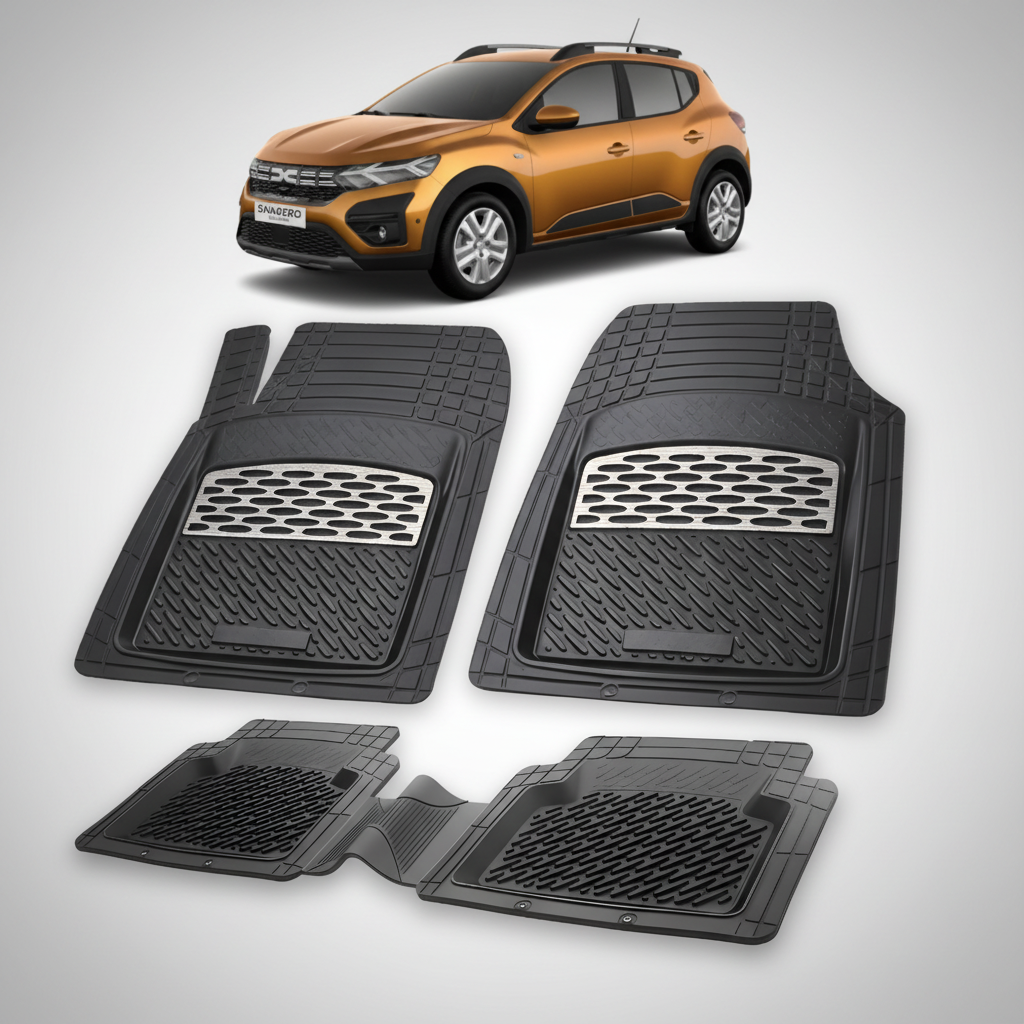 Set of black car floor mats with a car in the background