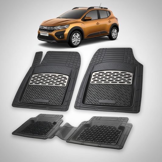 Set of black car floor mats with a car in the background