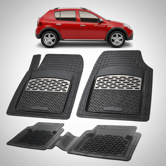 Set of black car floor mats with a red car in the background