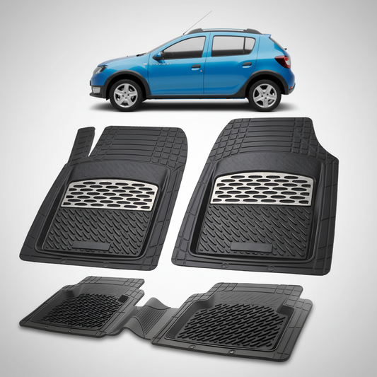 Set of black car floor mats with a blue car in the background