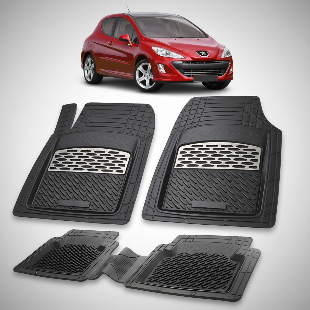 Set of black car floor mats with a red car in the background