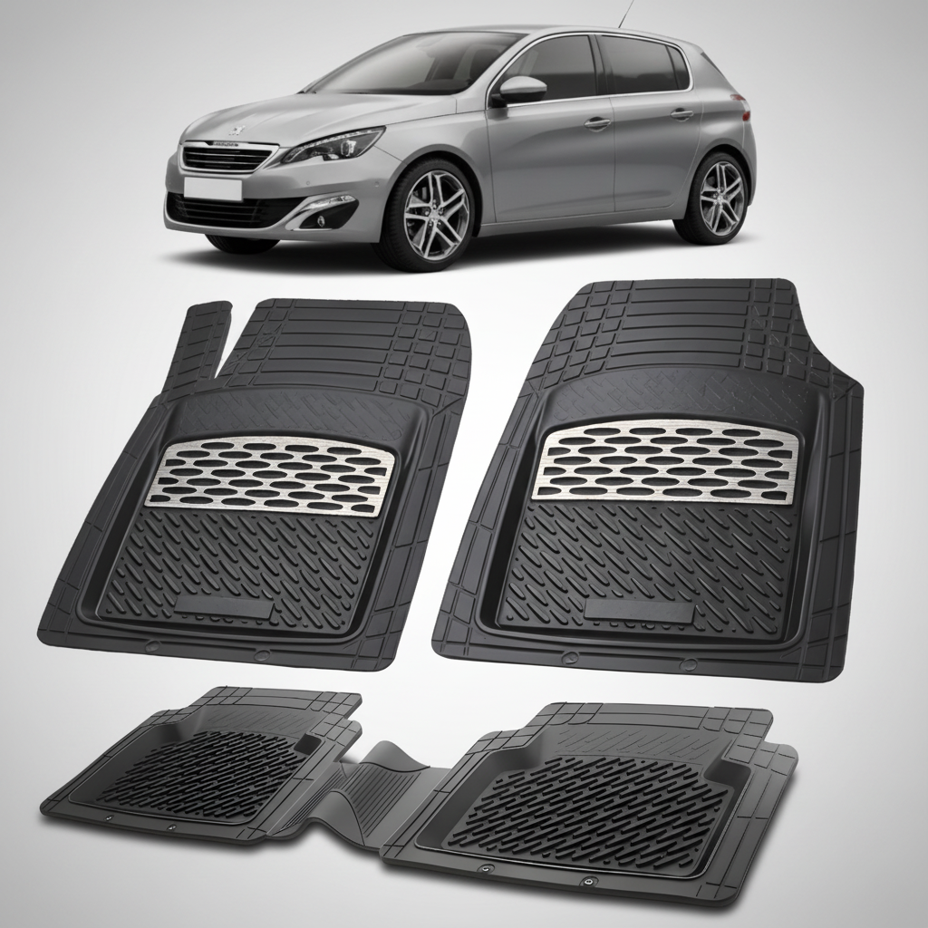 Set of black car floor mats with a car in the background