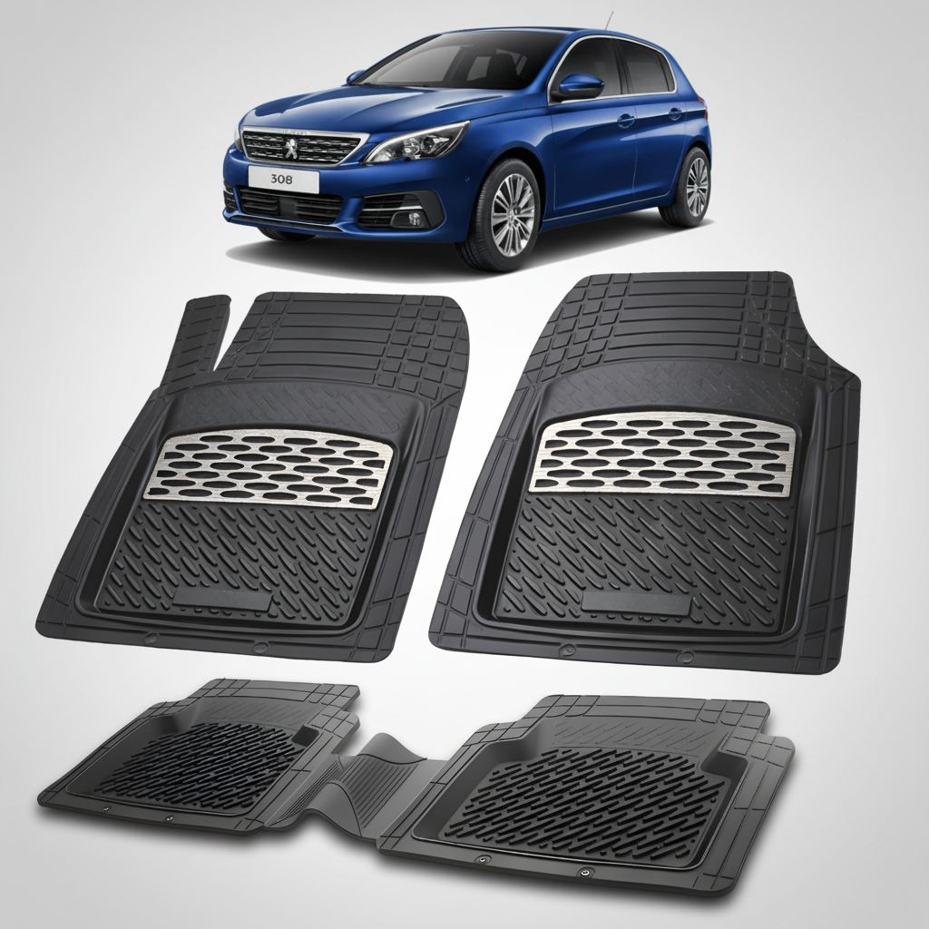 Set of black car floor mats with a blue car in the background