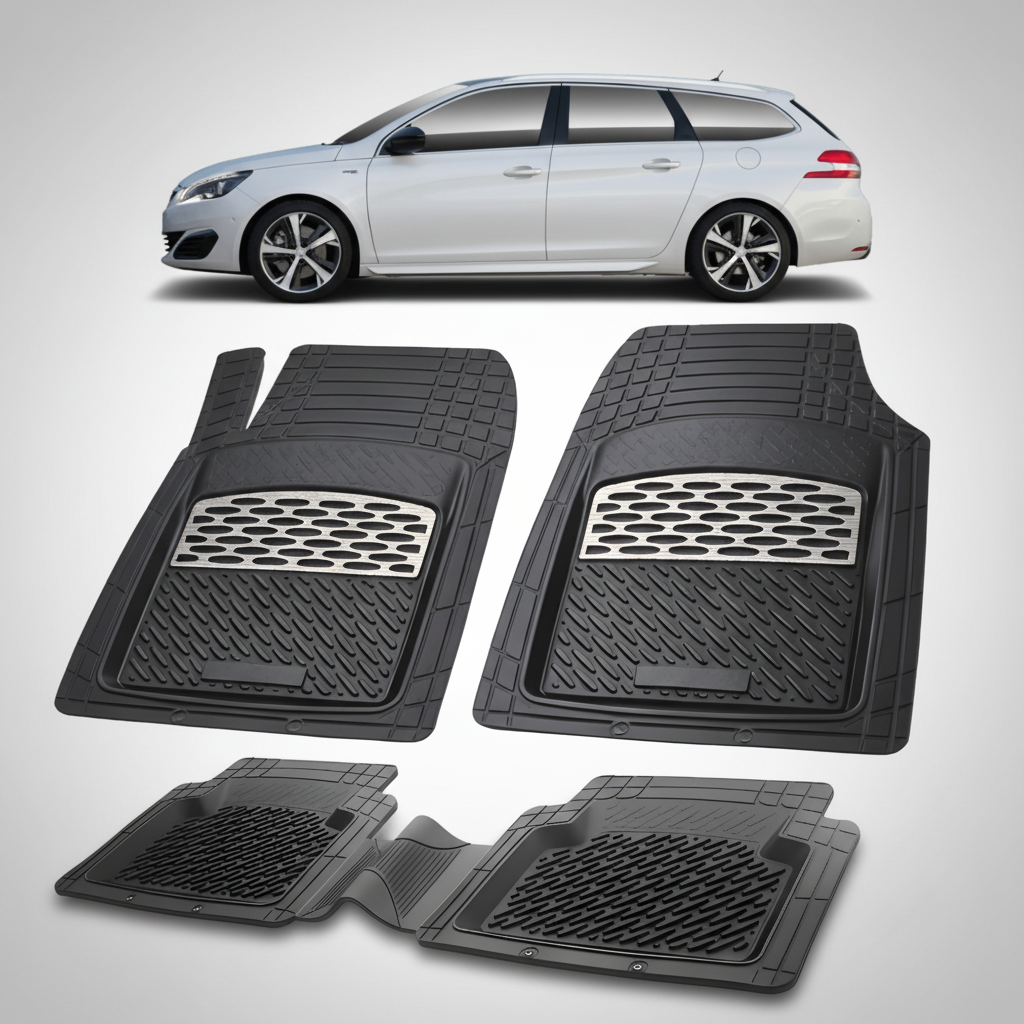 Set of black car floor mats with a white car in the background
