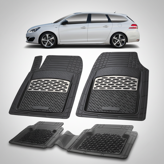 Set of black car floor mats with a white car in the background