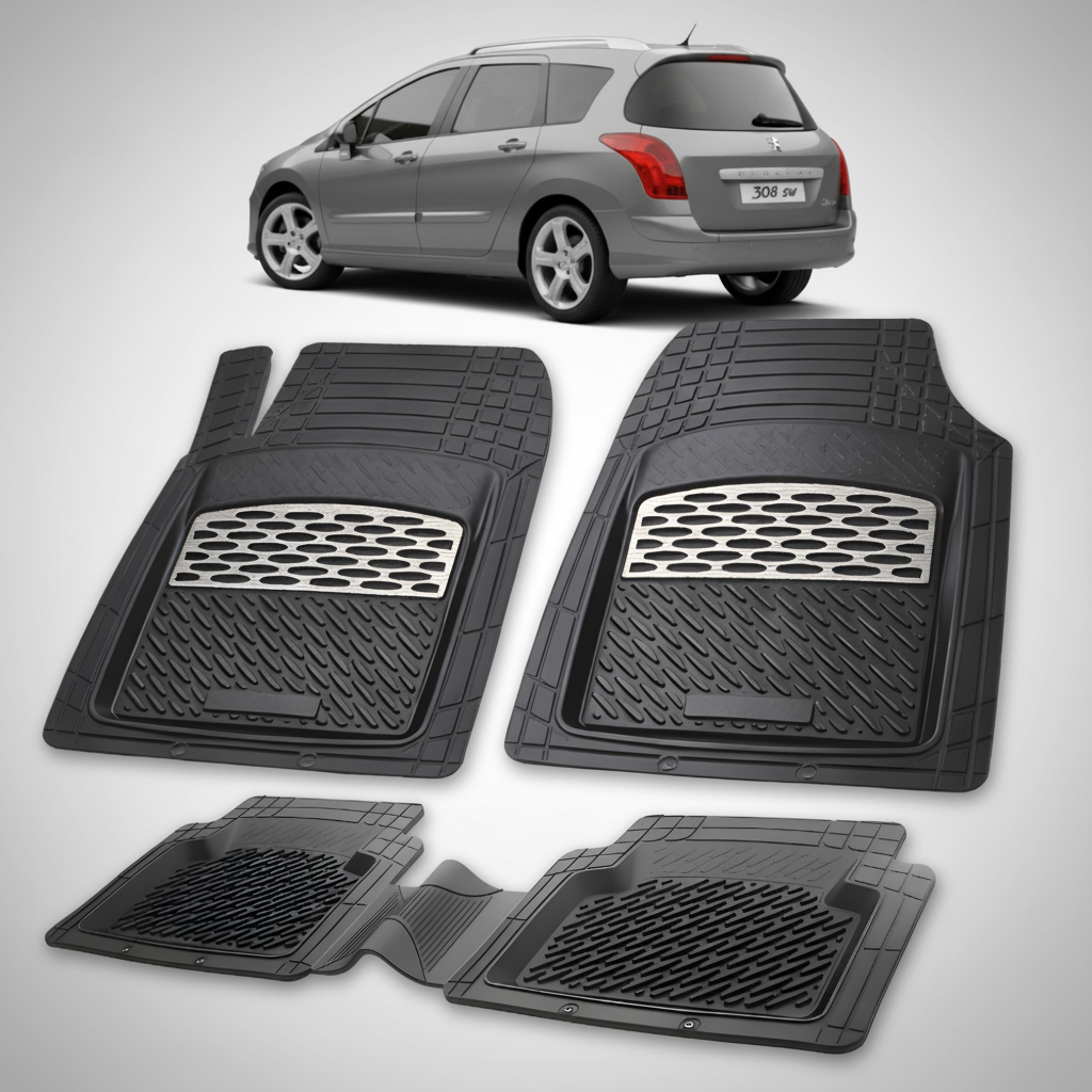 Set of black car floor mats with a car in the background