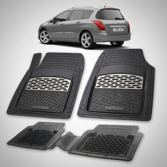 Set of black car floor mats with a car in the background