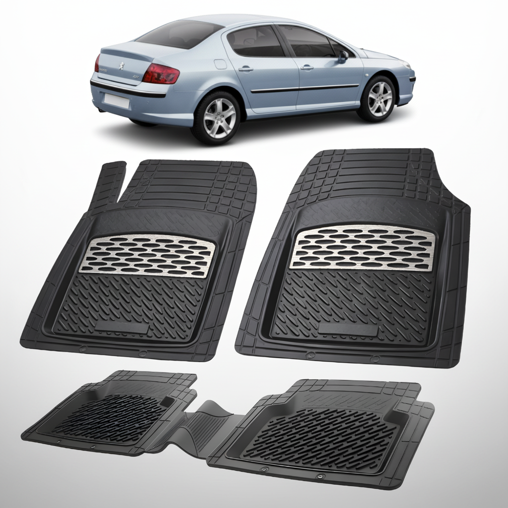 Set of black car floor mats with a car in the background