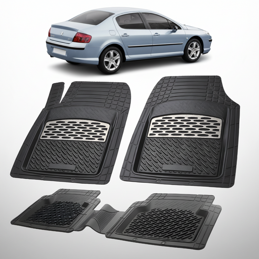 Set of black car floor mats with a car in the background