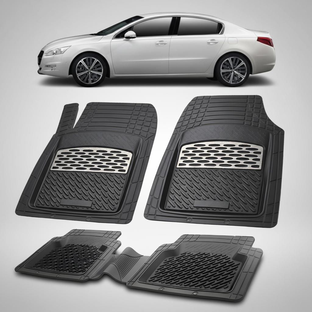 Set of black car floor mats with a white car in the background