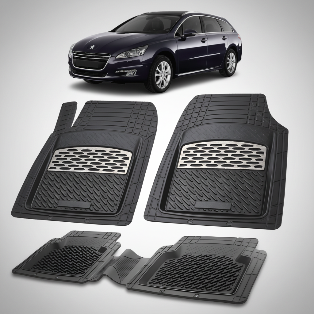 Set of black car floor mats with a Peugeot car in the background