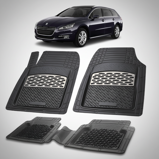 Set of black car floor mats with a Peugeot car in the background