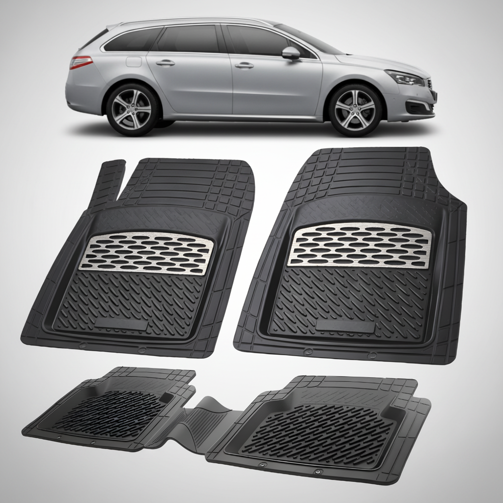 Set of black car floor mats with a car in the background