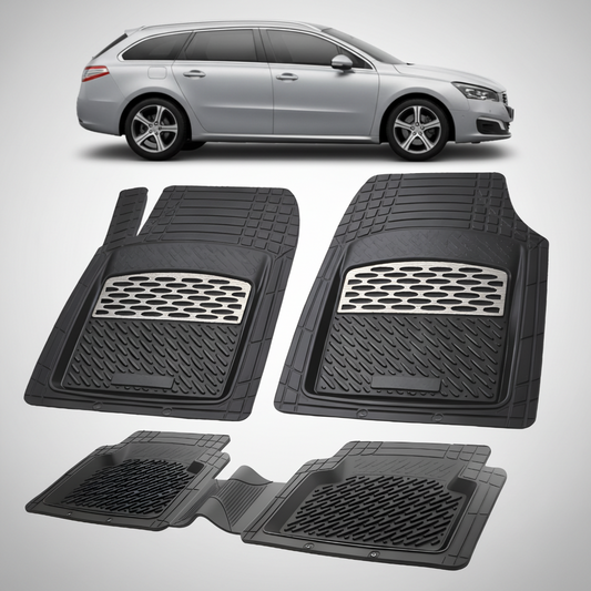 Set of black car floor mats with a car in the background