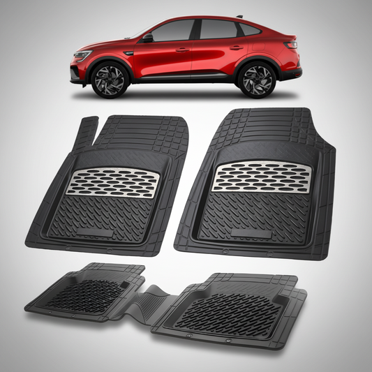 Set of black car floor mats with a red car in the background