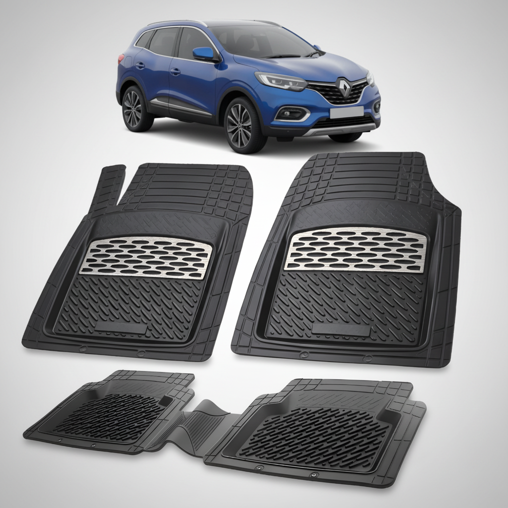 Set of black car floor mats with a blue car in the background