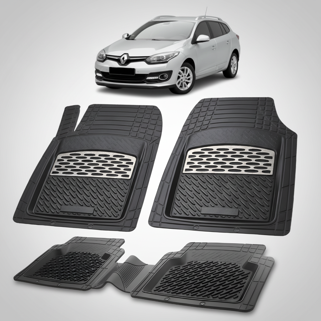 Set of black car floor mats with a car in the background