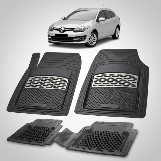 Set of black car floor mats with a car in the background