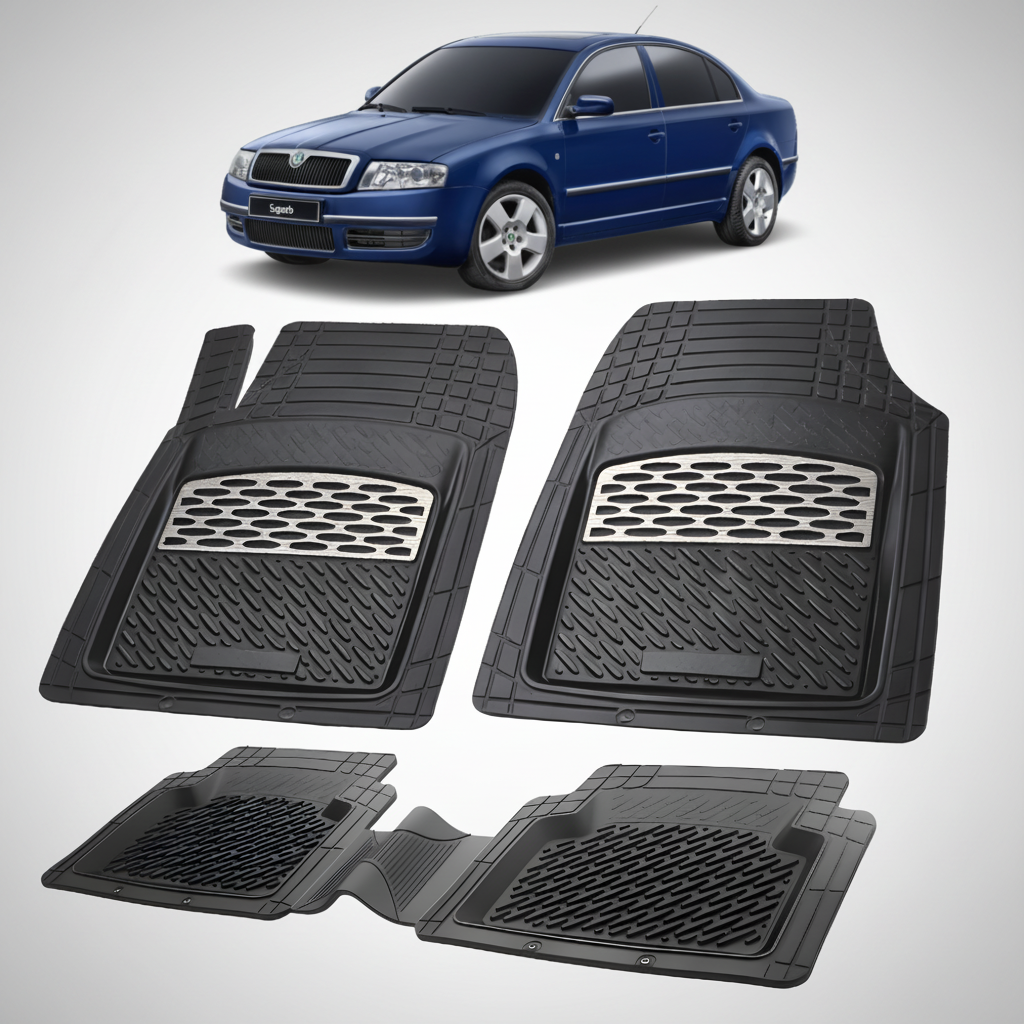 Set of black car floor mats with a blue car in the background