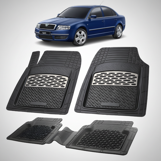 Set of black car floor mats with a blue car in the background