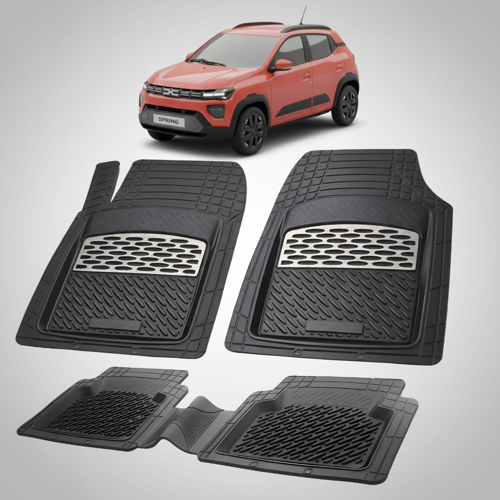 Set of black car floor mats with a red car in the background