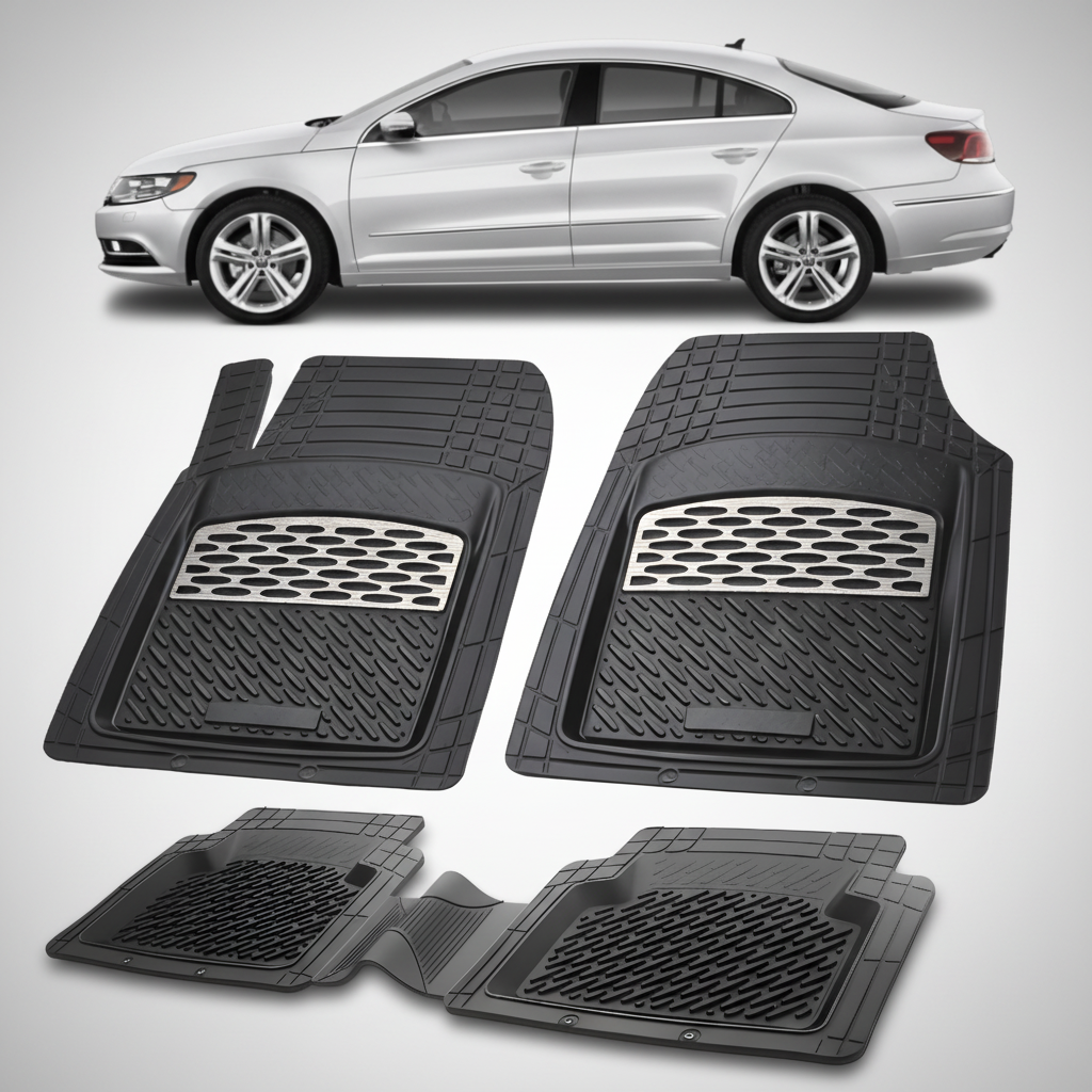 Set of black car floor mats with a car in the background