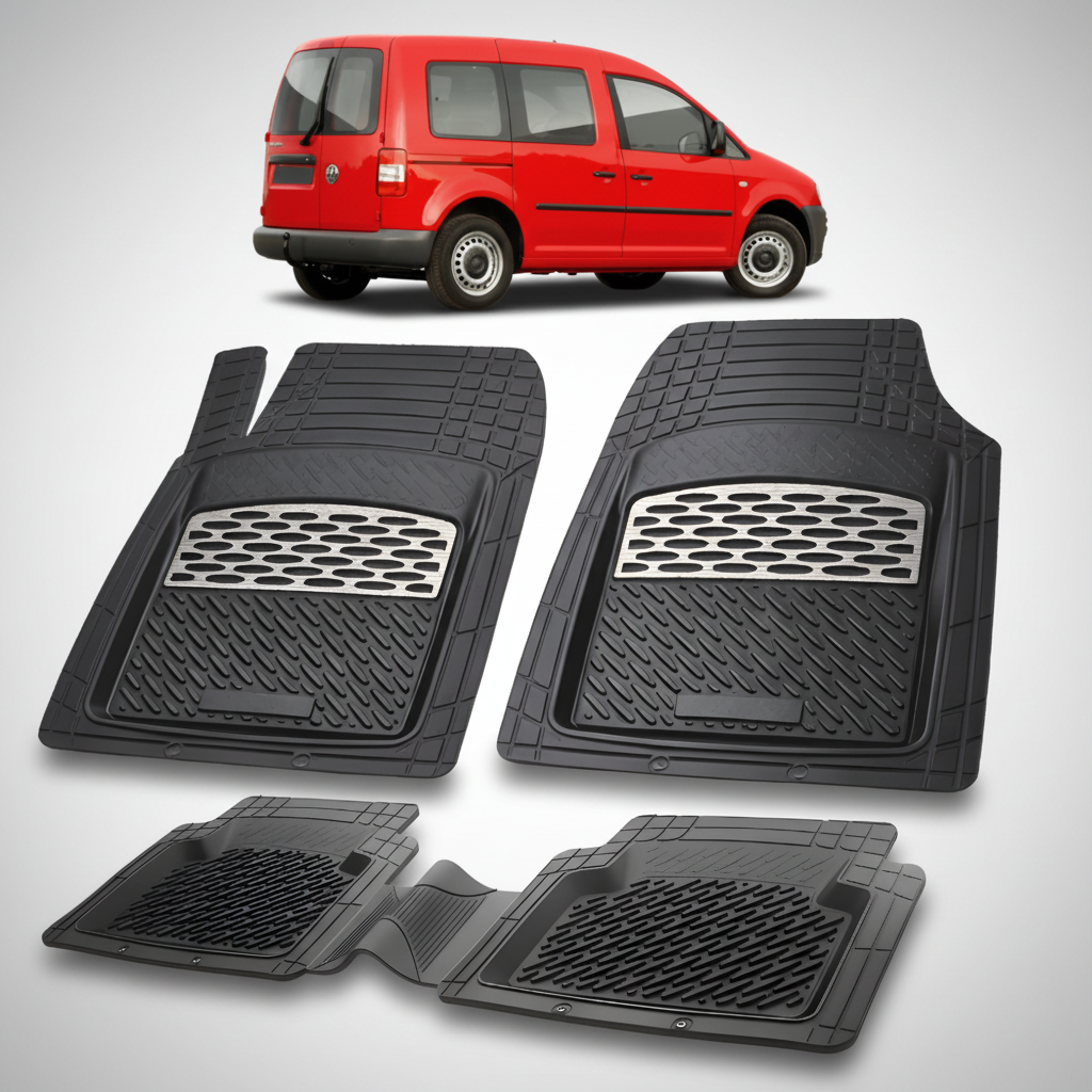 Set of black car floor mats with a red van in the background
