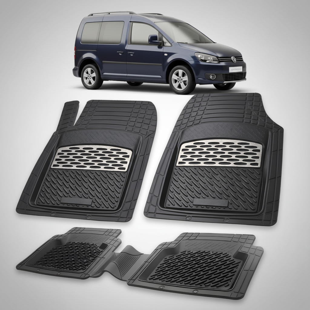 Set of black car floor mats with a car in the background